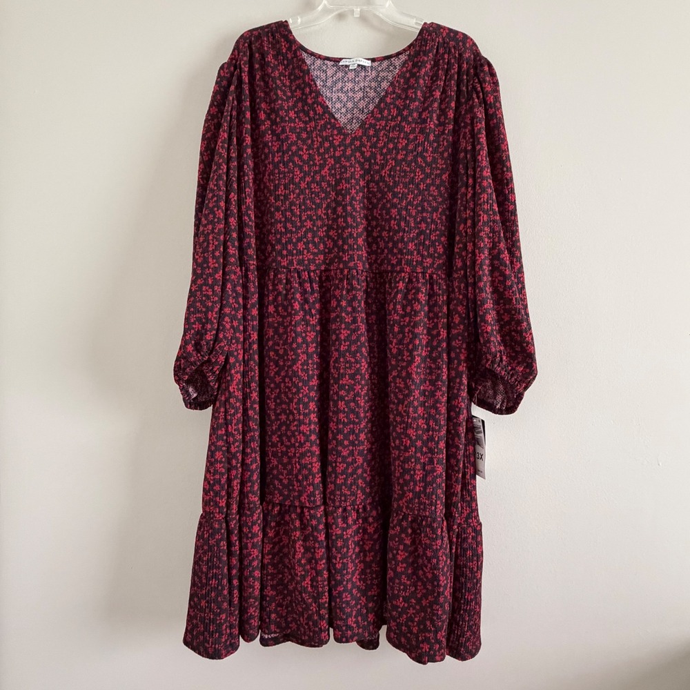 Sandra Darren Red Black Floral Crepe Tiered V-Neck boho cottagecore Dress 3X